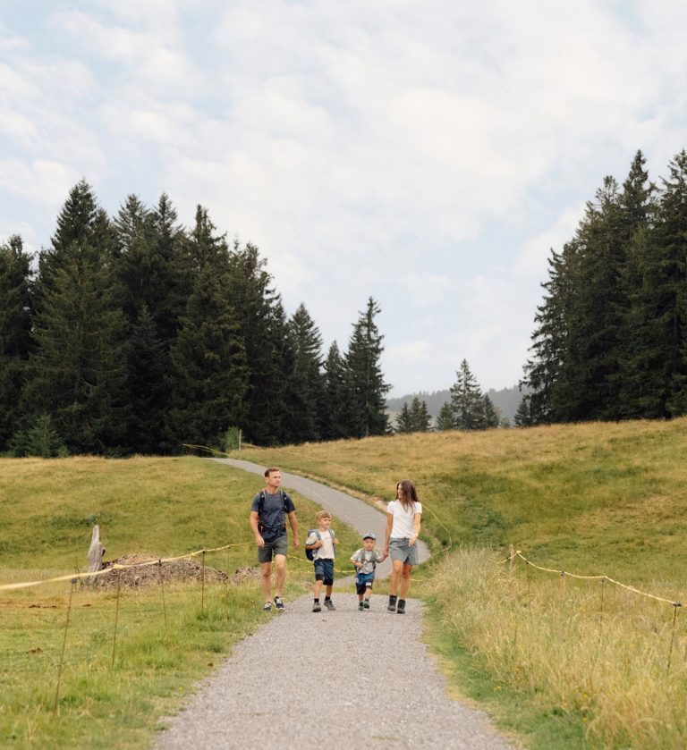 Familie mit zwei Kindern auf einem geschwungenen Wanderweg zwischen Almwiesen und hohen Fichten am Hochhäderich unter hellem Sommerhimmel.
