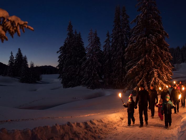 Familien mit brennenden Fackeln bei der geführten Fackelwanderung durch den verschneiten Winterwald am Hochhäderich, über den Fichten leuchtet der dunkelblaue Abendhimmel.