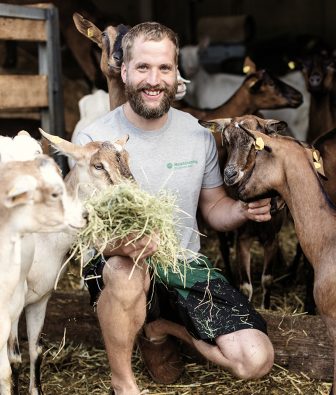 Lachender Landwirt kniet mit einem Bund Heu im Stall zwischen neugierigen Ziegen.